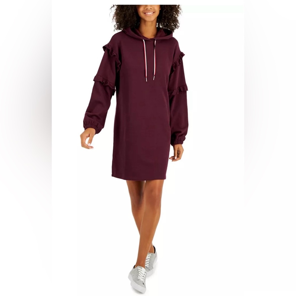 Tommy Hilfiger Burgundy Ruffle-Sleeve Hoodie Dress
